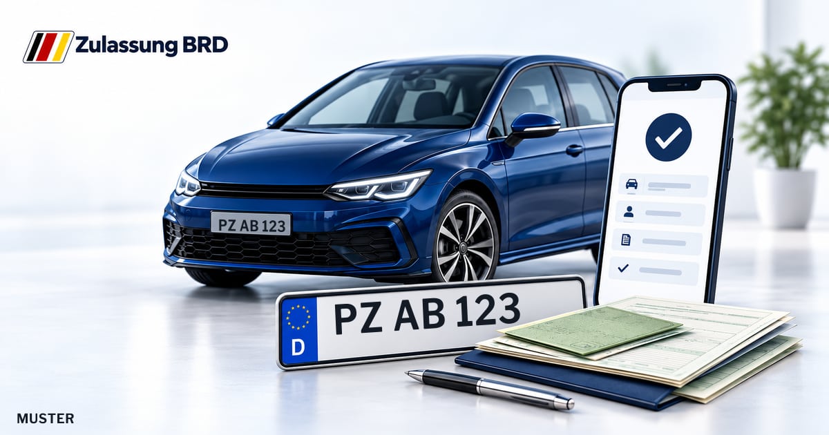 Online Fahrzeugzulassung in Landkreis Uckermark: Musterkennzeichen PZ AB 123, Auto und Fahrzeugpapiere und Smartphone. Illustration mit Logo von Zulassung BRD.